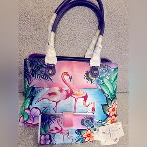 NWT TROPICAL FLAMINGOS Anna by Anuschka Hand painted Leather Handbag & Wallet